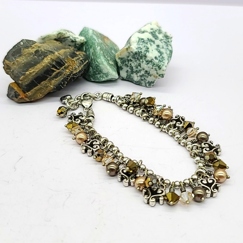 Brighton "CANNES" Bronze Swarovski Crystal Beads, Hearts,& Pearl Detail Bracelet
